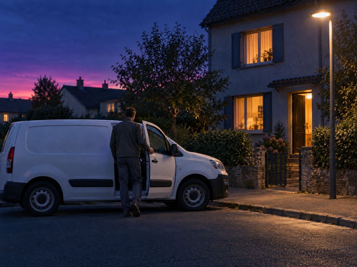 Salarié rentrant chez lui le soir avec son véhicule professionnel